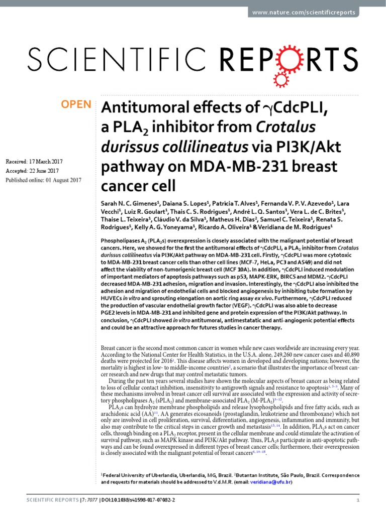 Sara Cirilo Gimenez Et Al. 2017. Antitumoral Effects of A PLA2 ...