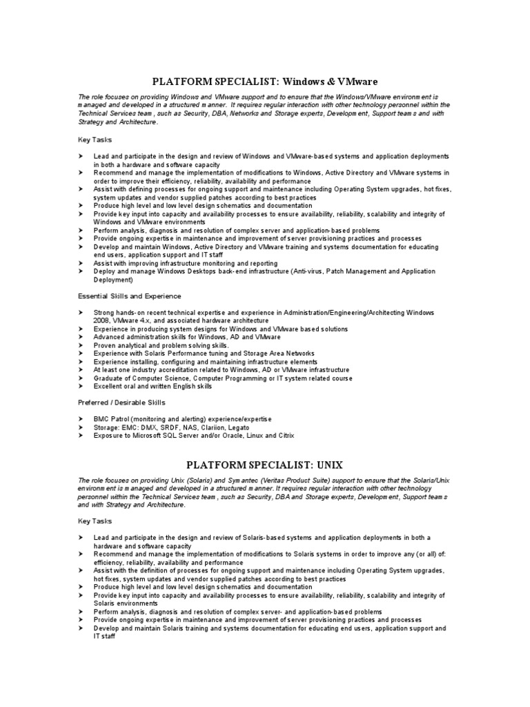 Platform Specialist Windows & Vmware Key Tasks PDF &  World Wide 