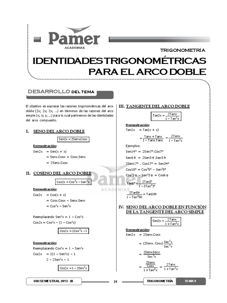 Tema 09 Identidades Trigonometricas Para El Arco Doble Funciones Trigonometricas Trigonometria