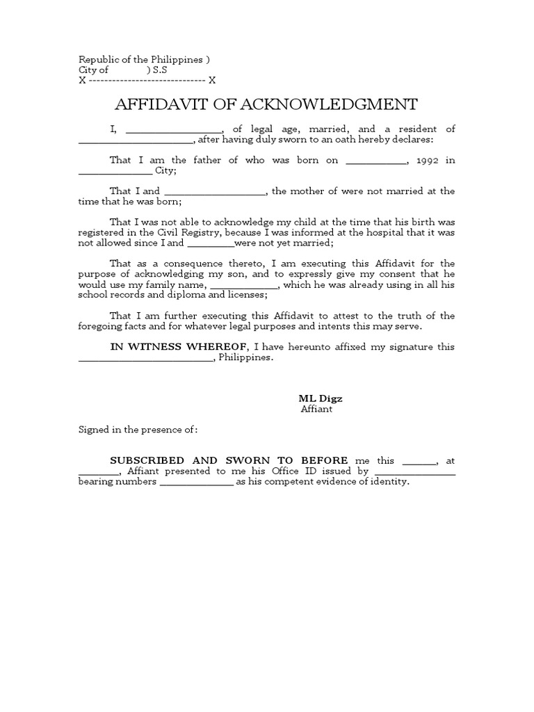Affidavit of Acknowledgment: IN WITNESS WHEREOF, I Have Hereunto ...