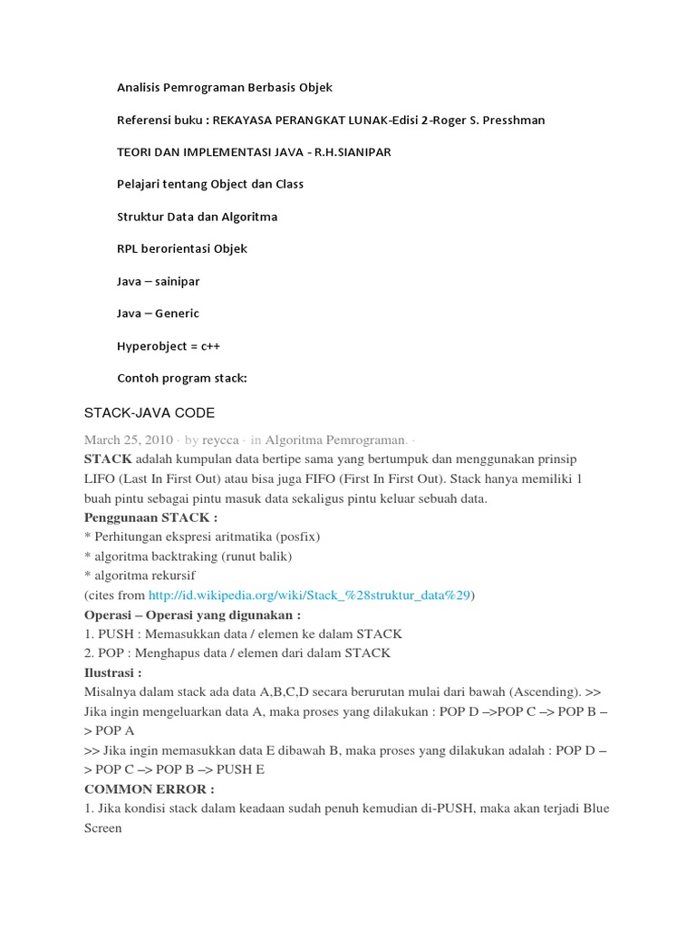 Pemrograman Stack dengan Java OOP | PDF