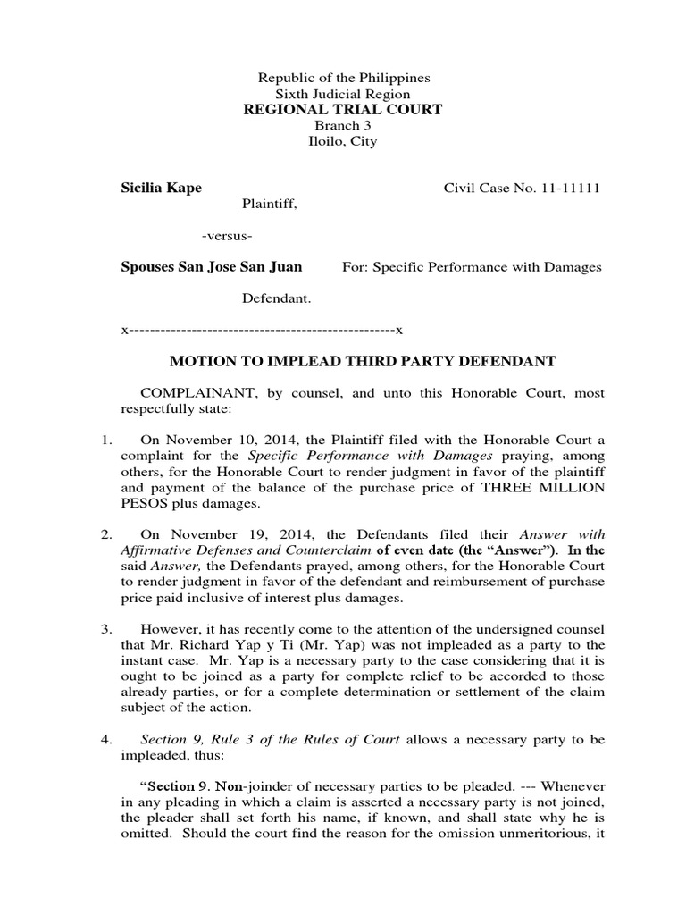 Regional Trial Court Affirmative Defenses and Counterclaim of Even