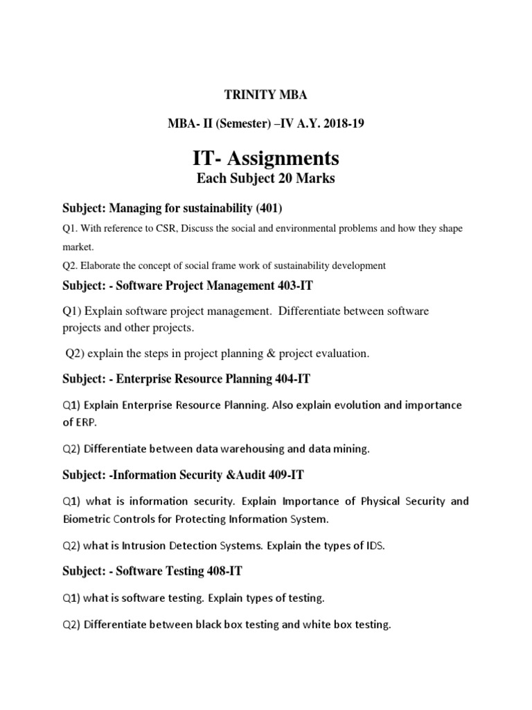 Trinity MBA IT Assignments Overview | PDF