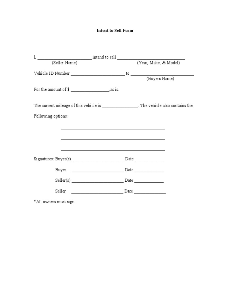 Intent To Sell Form Bill Of Sale New Pdf Pdf