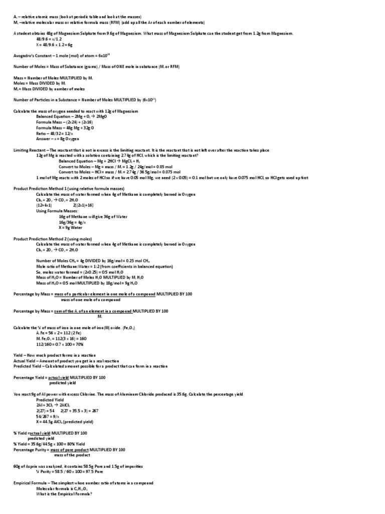 Chemistry Formulas and Calculations Guide | PDF | Mole (Unit ...