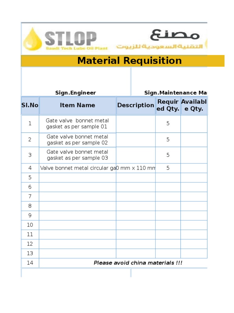 Material Requisition: SL - No Item Name Description Requir Ed Qty ...