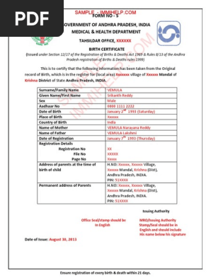 Sample Birth Certificate Andhra Pradesh India Pdf Pdf Birth Certificate Government And Personhood