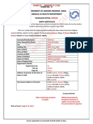 Sample Birth Certificate Andhra Pradesh India Pdf Birth Certificate Government And Personhood