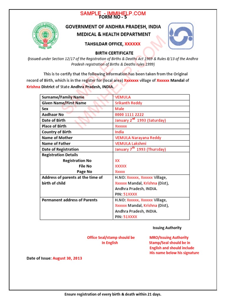Sample Birth Certificate Andhra Pradesh India Birth Certificate Government And Personhood