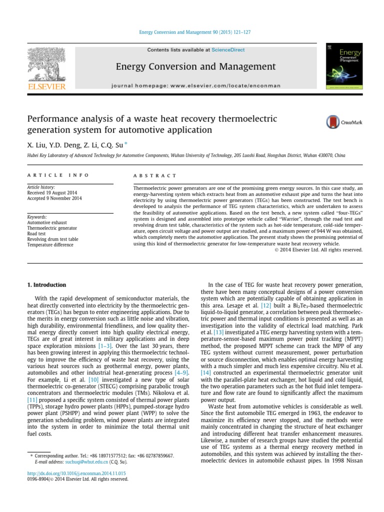Performance Analysis of A Waste Heat Recovery Thermoelectric Generation ...
