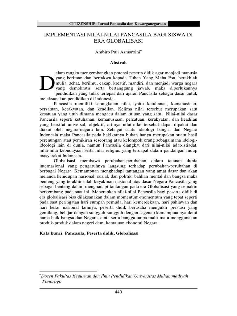 Implementasi Nilai Nilai Pancasila Bagi Siswa Di Era Global Pdf