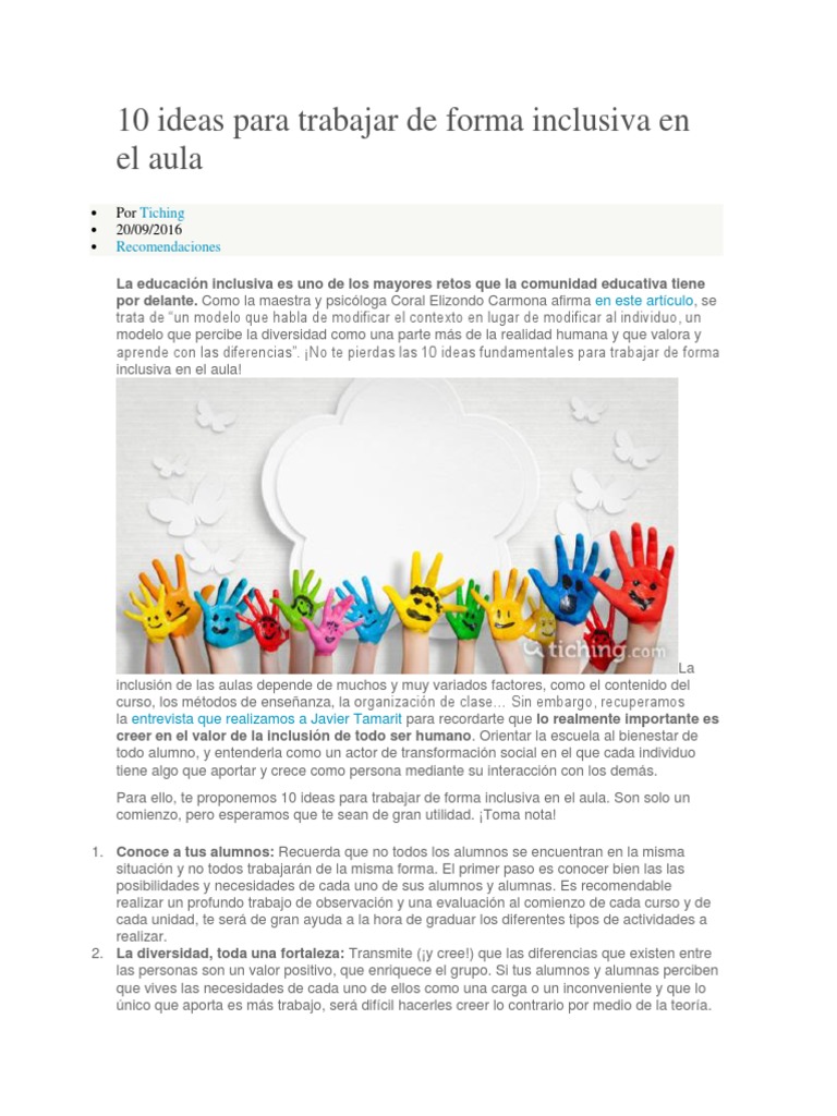10 Ideas para Trabajar de Forma Inclusiva en El Aula | PDF | Salón de ...