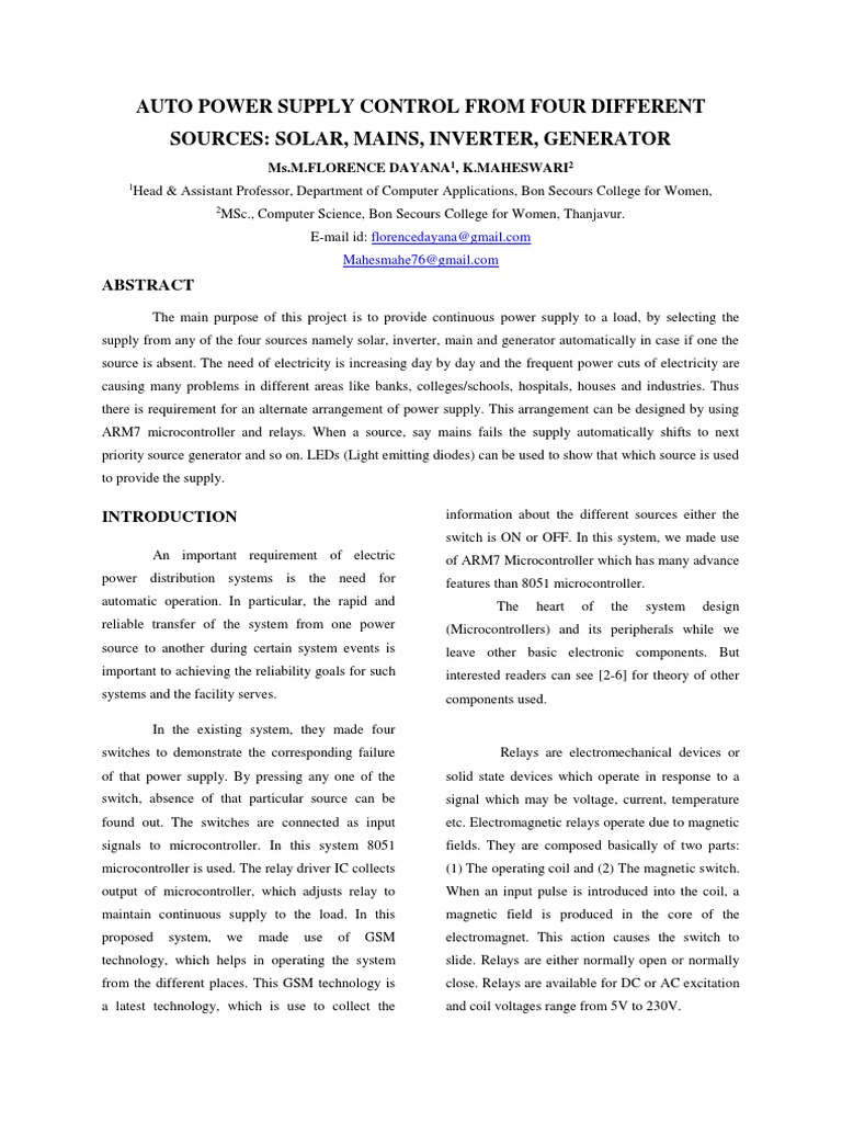 Auto Power Supply Control From Four Different Sources Solar, Mains