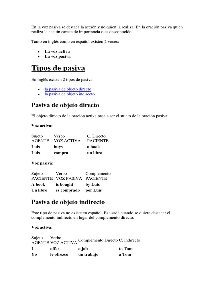 Voz Pasiva y Activa Con Los Verbos | PDF | Objeto (gramática) | Verbo