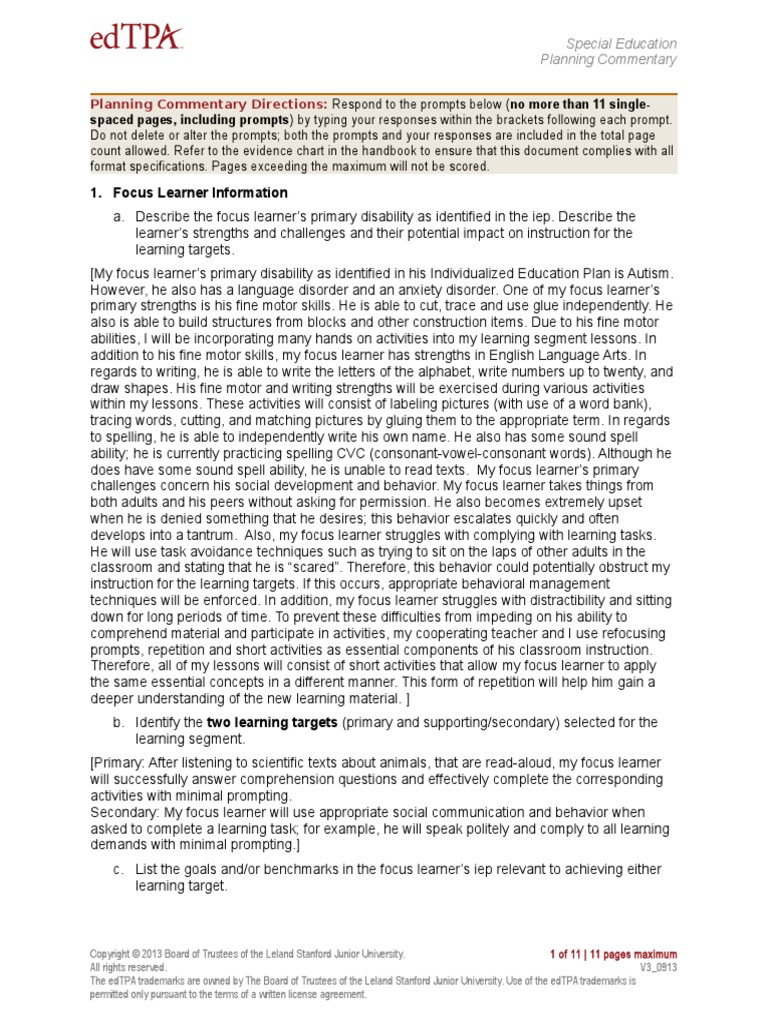 Sample EDTPA Special Ed Planning Commentary Mazzotta, Lauren