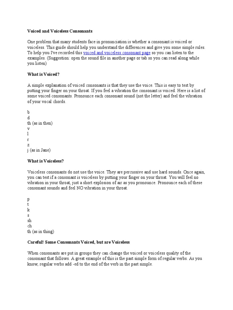 Voiced vs. Voiceless Consonants Guide | PDF | Phonology | Consonant