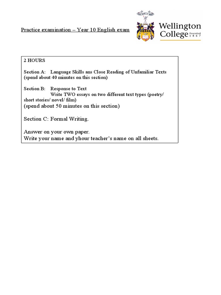 Year 10 English Exam Practice Guide | PDF | Essays | Test (Assessment)