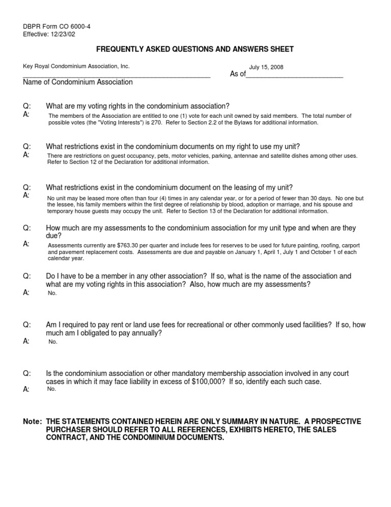 Key Royal Condo Association FAQs | PDF | Condominium | Lease