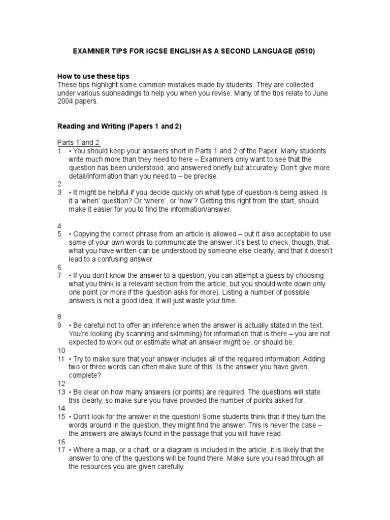 Examiner tips for igcse english as a second language 0510 question