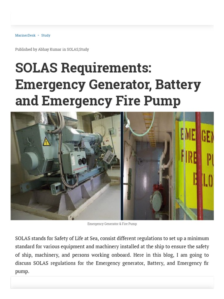 SOLAS Regulations - Emergency Generator and Emergency Fire Pump | PDF | Electric | Ships