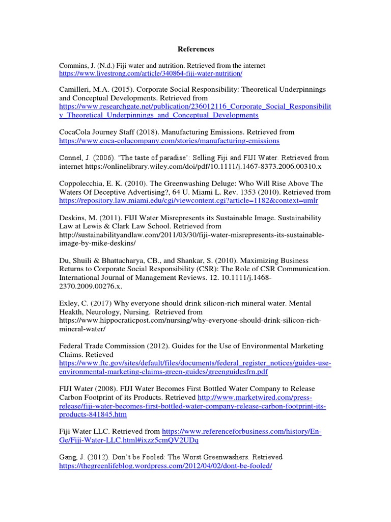 References cited in the analysis of Fiji Water's corporate social