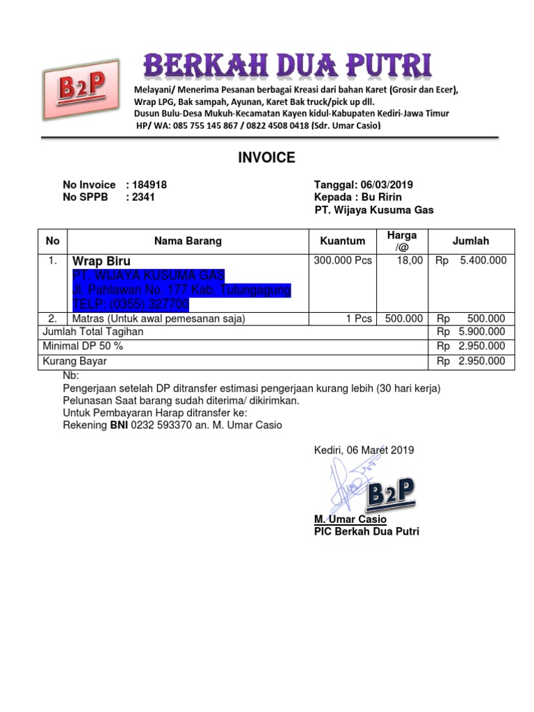 Invoice DP 50% untuk PT. Wijaya Kusuma Gas | PDF