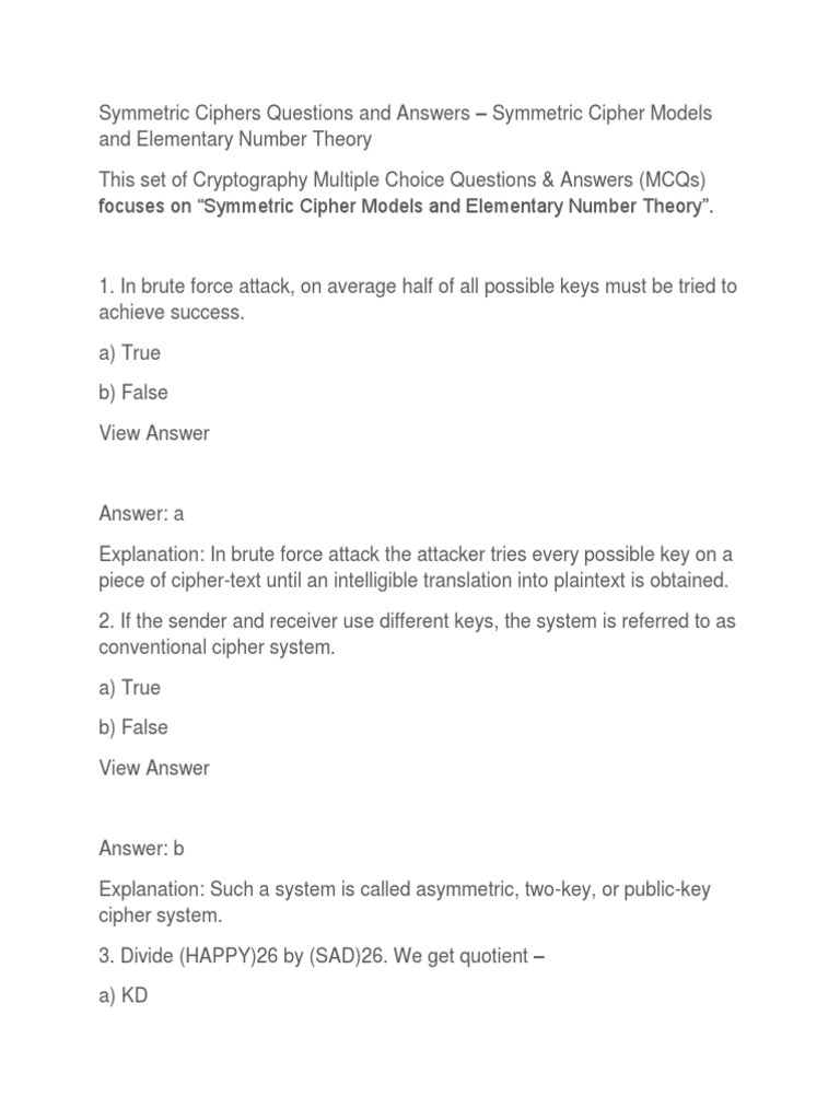 Symmetric Ciphers Questions and Answers | Download Free PDF ...