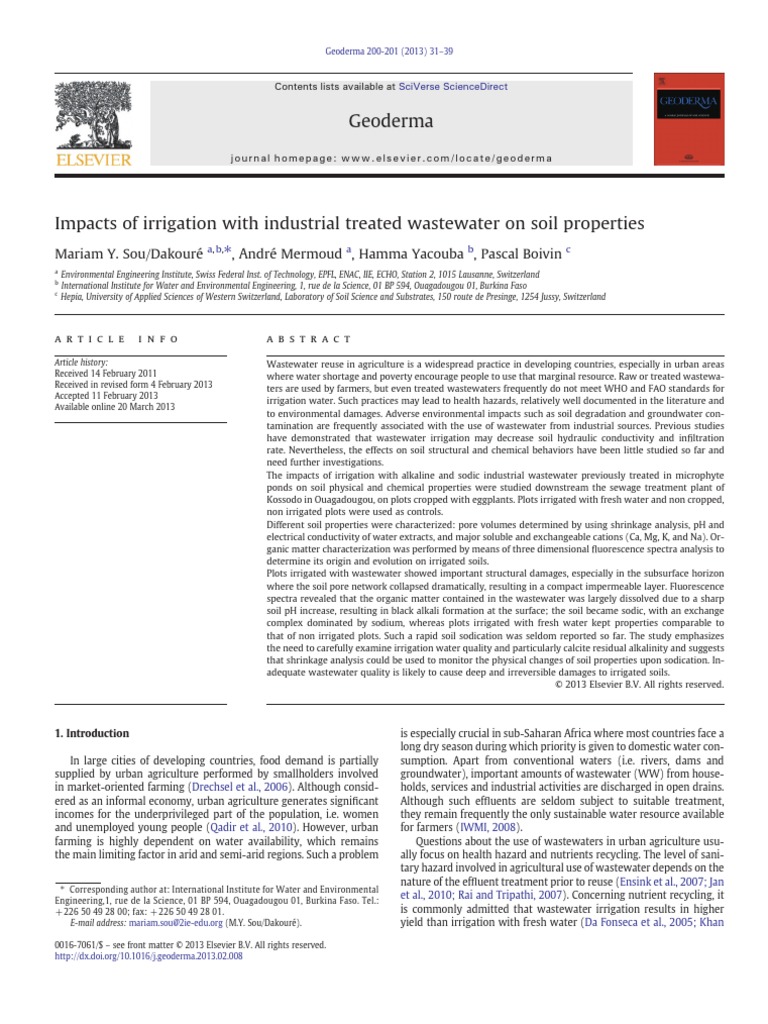 Impacts of Irrigation With Industrial Treated Wastewater On Soil ...
