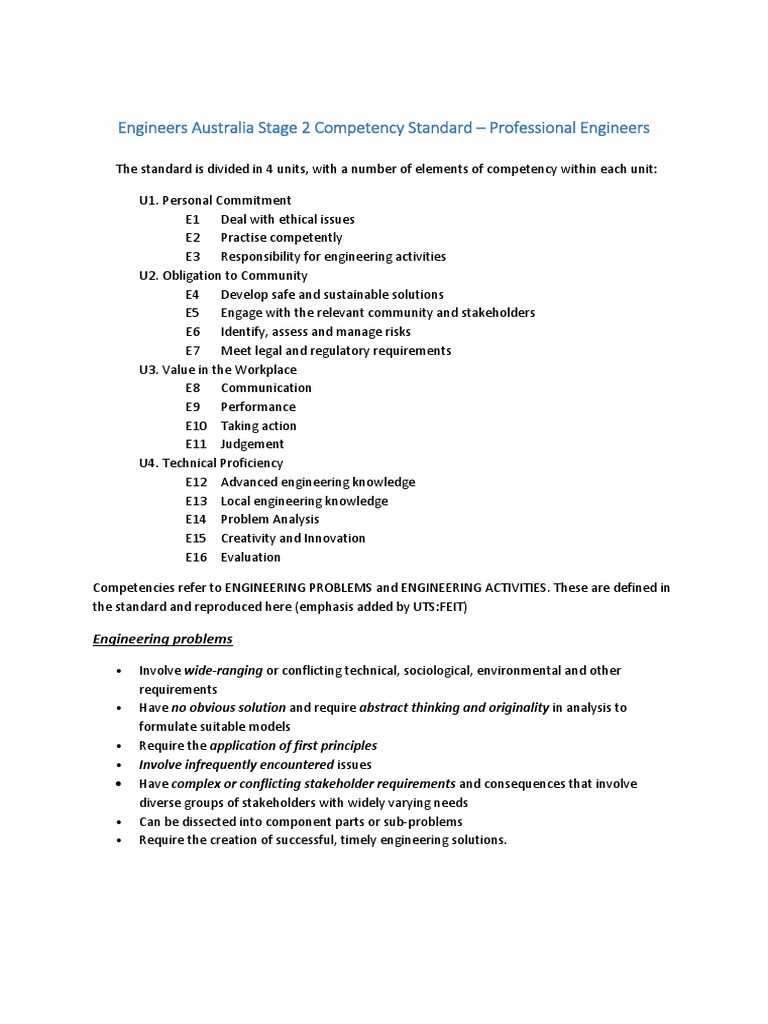 Engineers Australia Stage 2 Competency Standards | PDF | Engineering ...