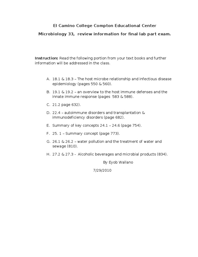 Micro Lab Final Exam Review, Summer 2010 As 730 PDF