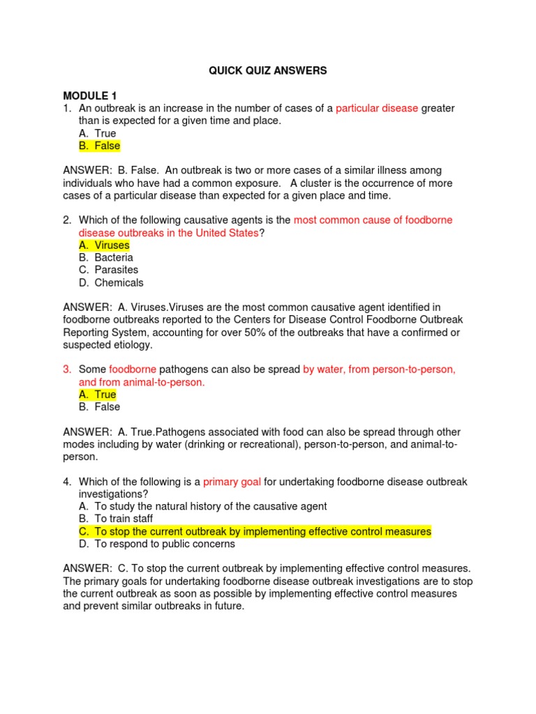 Particular Disease Quick Quiz Answers PDF Foodborne Illness Outbreak