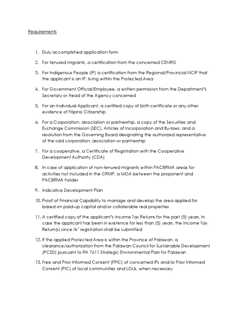 Requirements for Protected Area Application in the Philippines | PDF