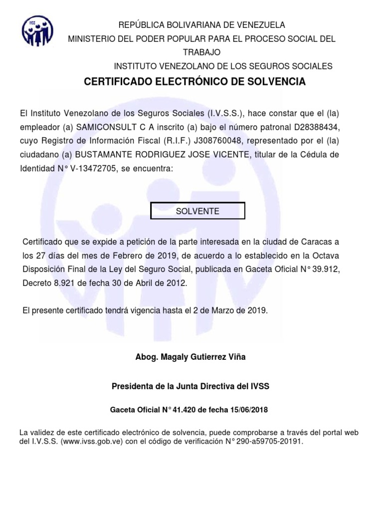 Solvencia Del Ivss Samiconsult C A Enero 2019 Venezuela Gobierno