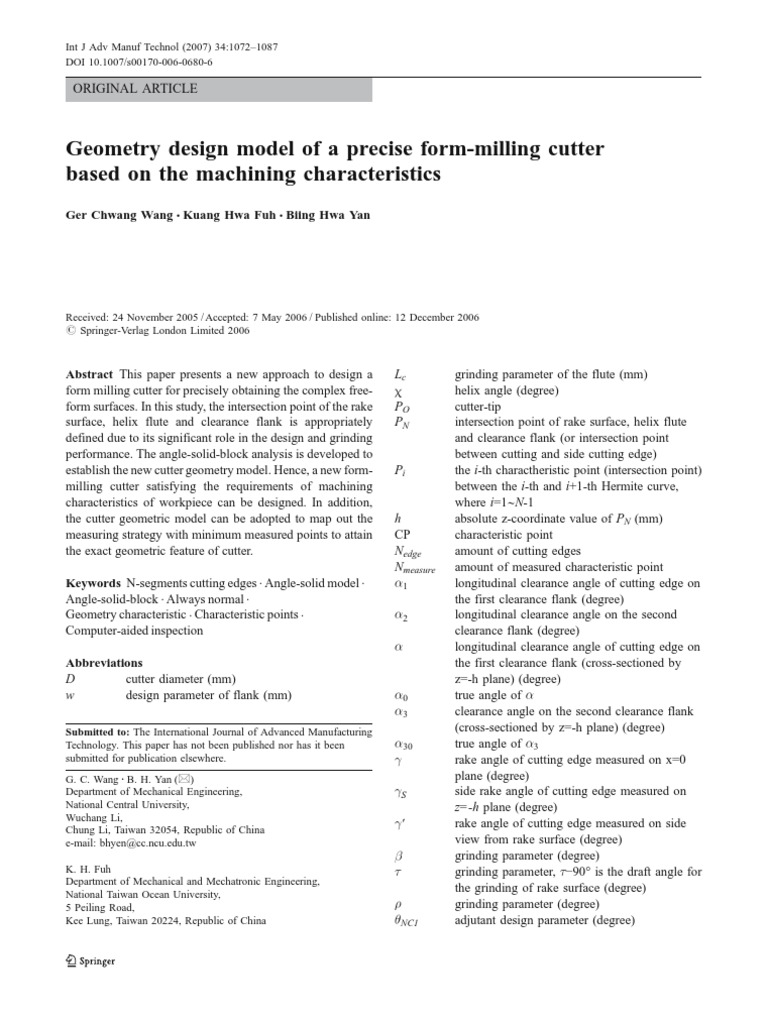 Geometry Design Model of A Precise FormMilling Cutter Based On The