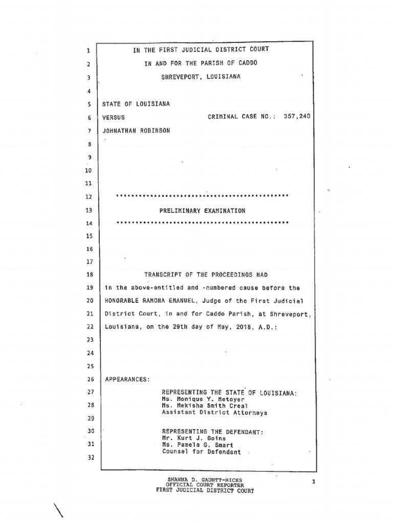 State of Louisiana v. Johnathan Robinson Preliminary Exam PDF