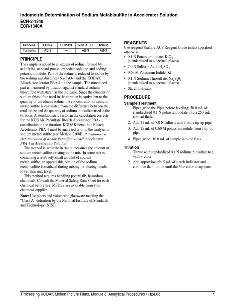 Sodium Metabisulfite Analysis Method | PDF | Titration | Chemistry
