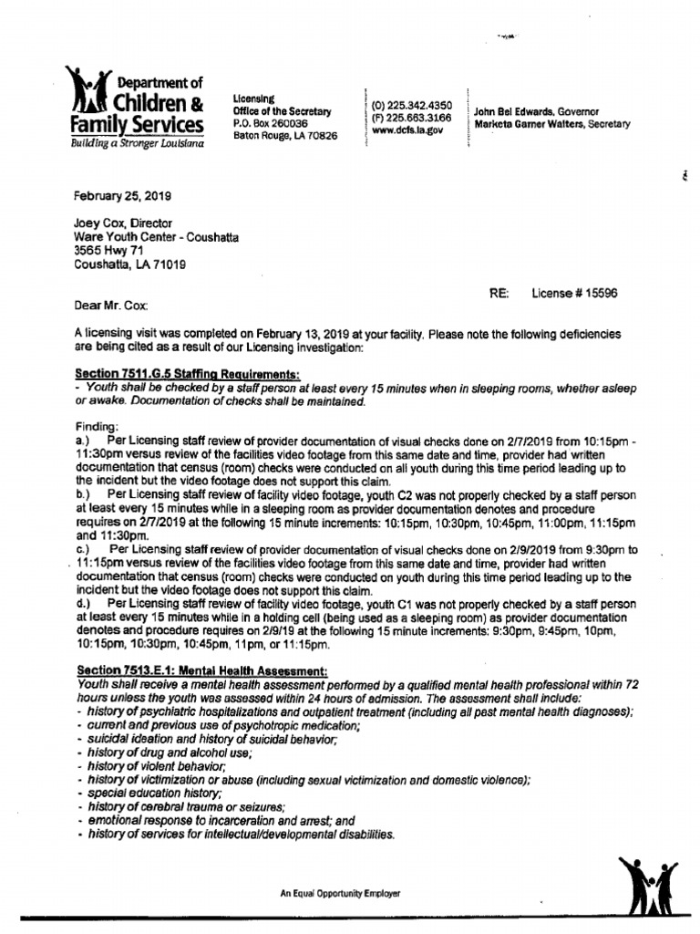 DCFS Letter to Ware Youth Center