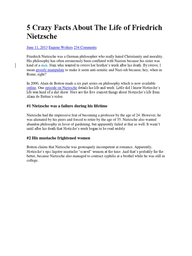 Eugene Wolters 5 Crazy Facts About The Life Of Friedrich Nietzsche Docx Friedrich Nietzsche Science