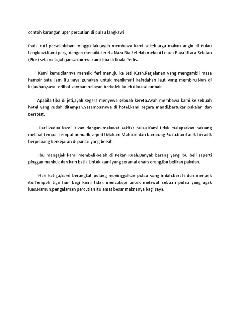 Contoh Karangan Upsr Percutian Di Pulau Langkawi