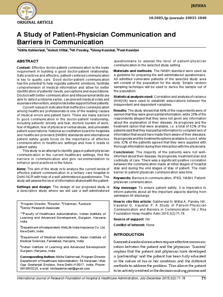 Patient-Physician Communication Barriers | PDF | Patient | Patient Safety