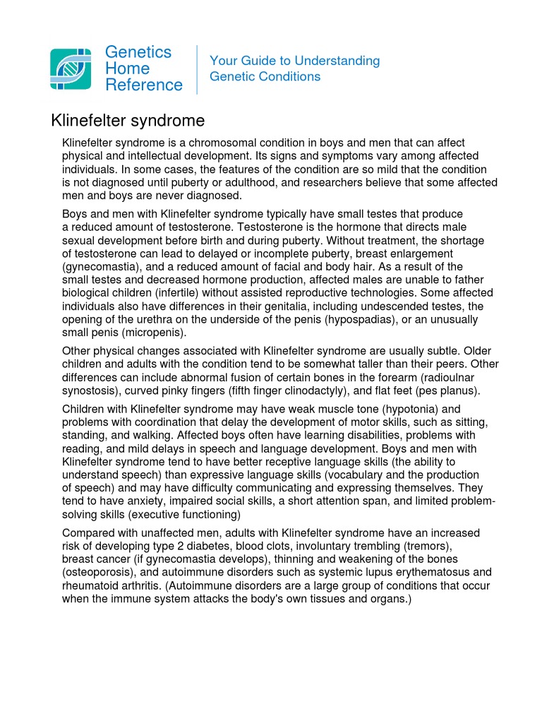 Klinefelter Syndrome: Genetics Home Reference | PDF | Clinical Medicine ...