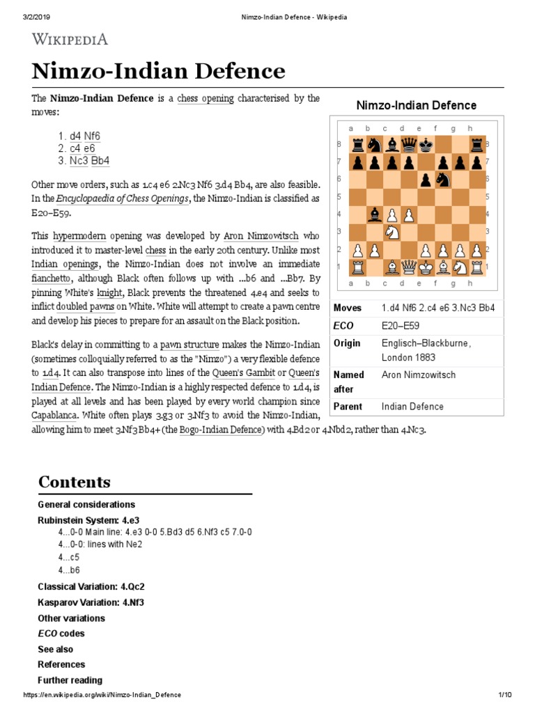 NimzoIndian Defence Wikipedia PDF Chess Theory Chess
