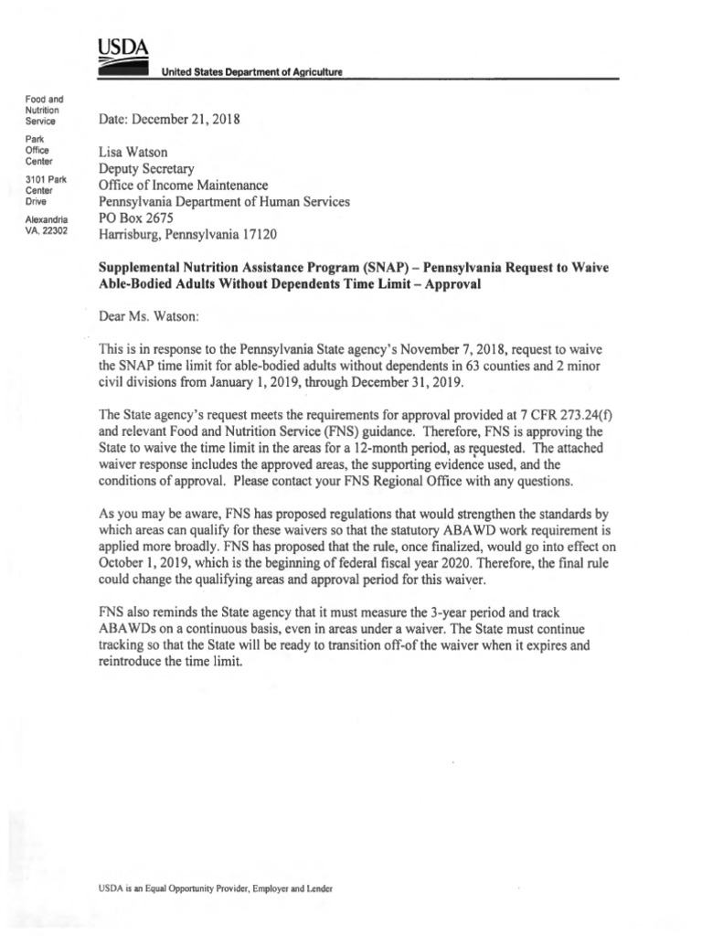 Pa. SNAP Waiver 2019 PDF Supplemental Nutrition Assistance Program