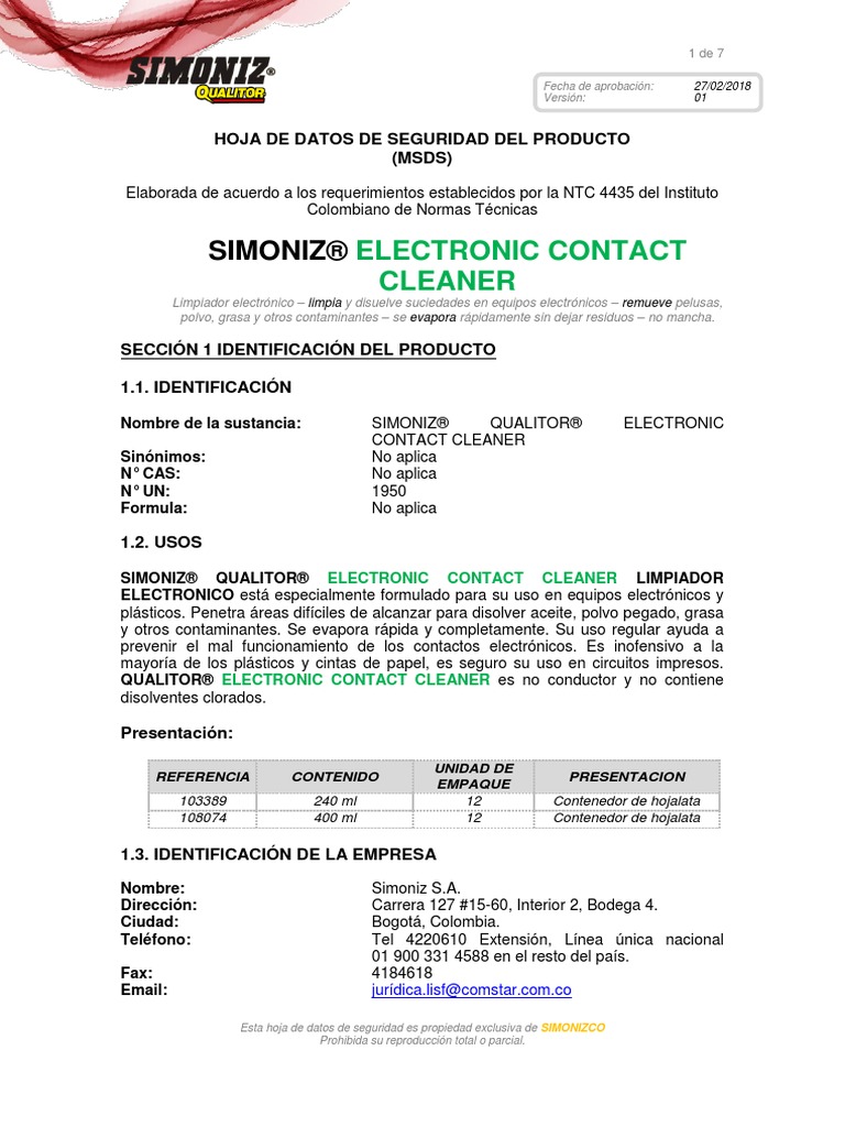 0. Msds Simoniz Qualitor Electronic Contact Cleaner Toxicología