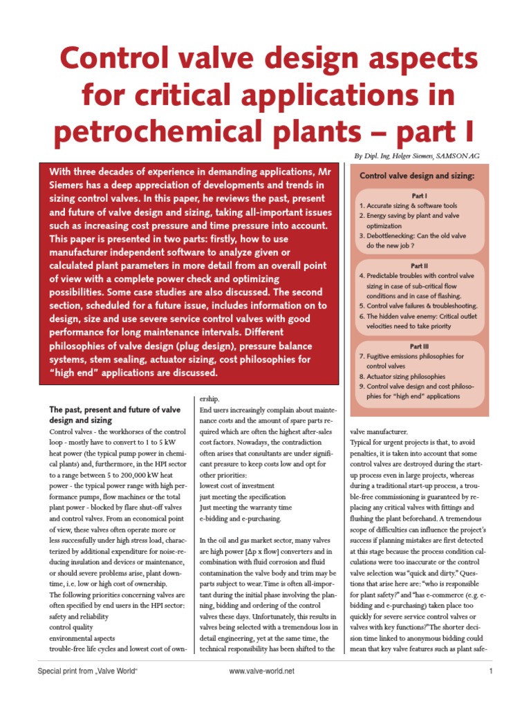 Control Valve Design Aspects For Critical Applications in Petrochemical Plants Part 1 Valve