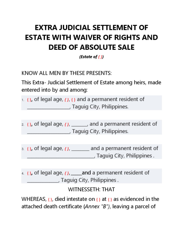 Extra Judicial Settlement Of Estate With Waiver Of Rights And Deed Of