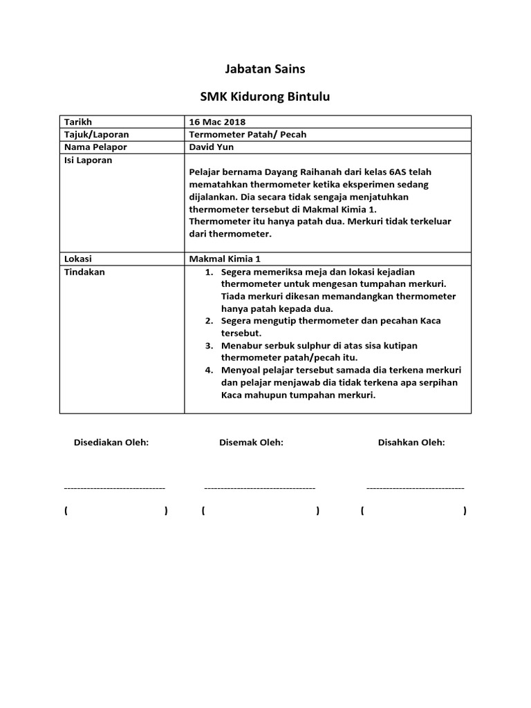 Jabatan Sains Laporan Kemalangan Di Makmal Pdf
