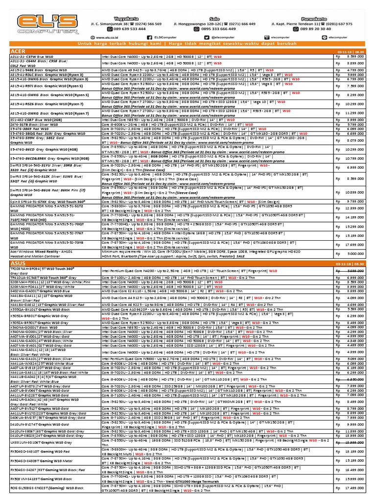 ELS Pricelist 03 November 18 | PDF | Laptop | 4 G