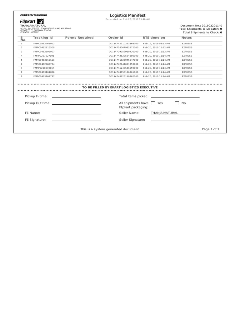 Logistics Manifest: S No. Tracking Id Forms Required Order Id RTS Done ...