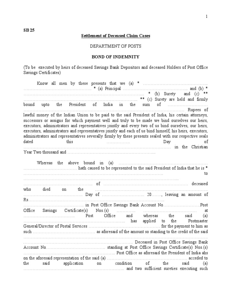 Settlement of Deceased Claim Cases Bond of Indemnity for Payment of